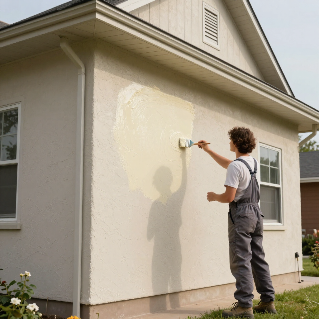 Person painting the exterior wall of a house with a roller, wearing gray overalls and a white shirt
