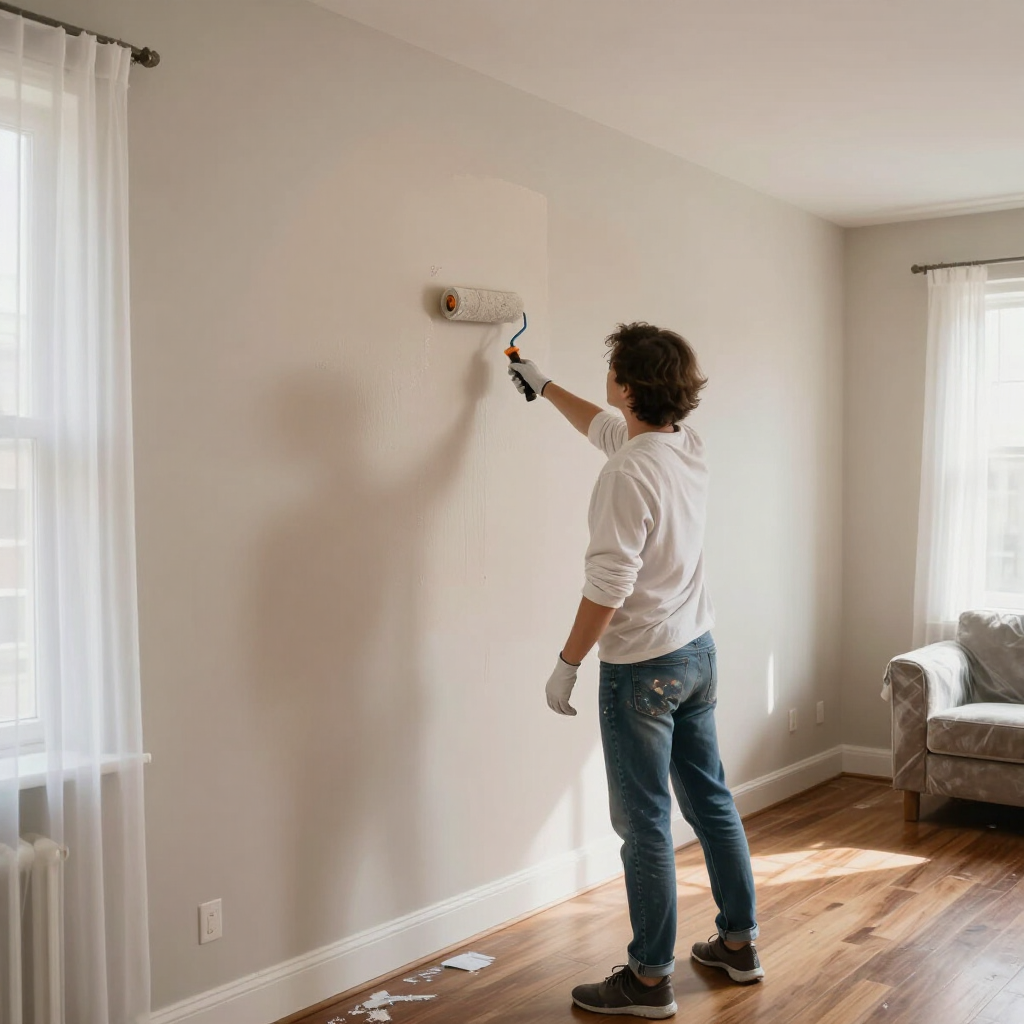 Person painting a beige wall in a sunlit living room with a paint roller