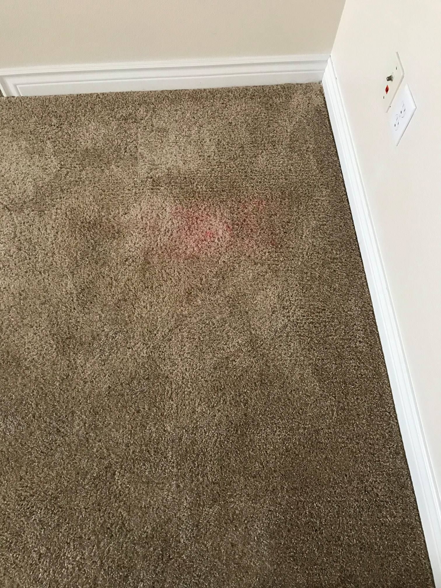 A brown carpet with a red spot on it in a room.