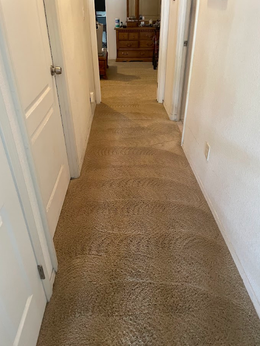 Narrow beige-carpeted hallway with white doors and walls leading to a wooden dresser.