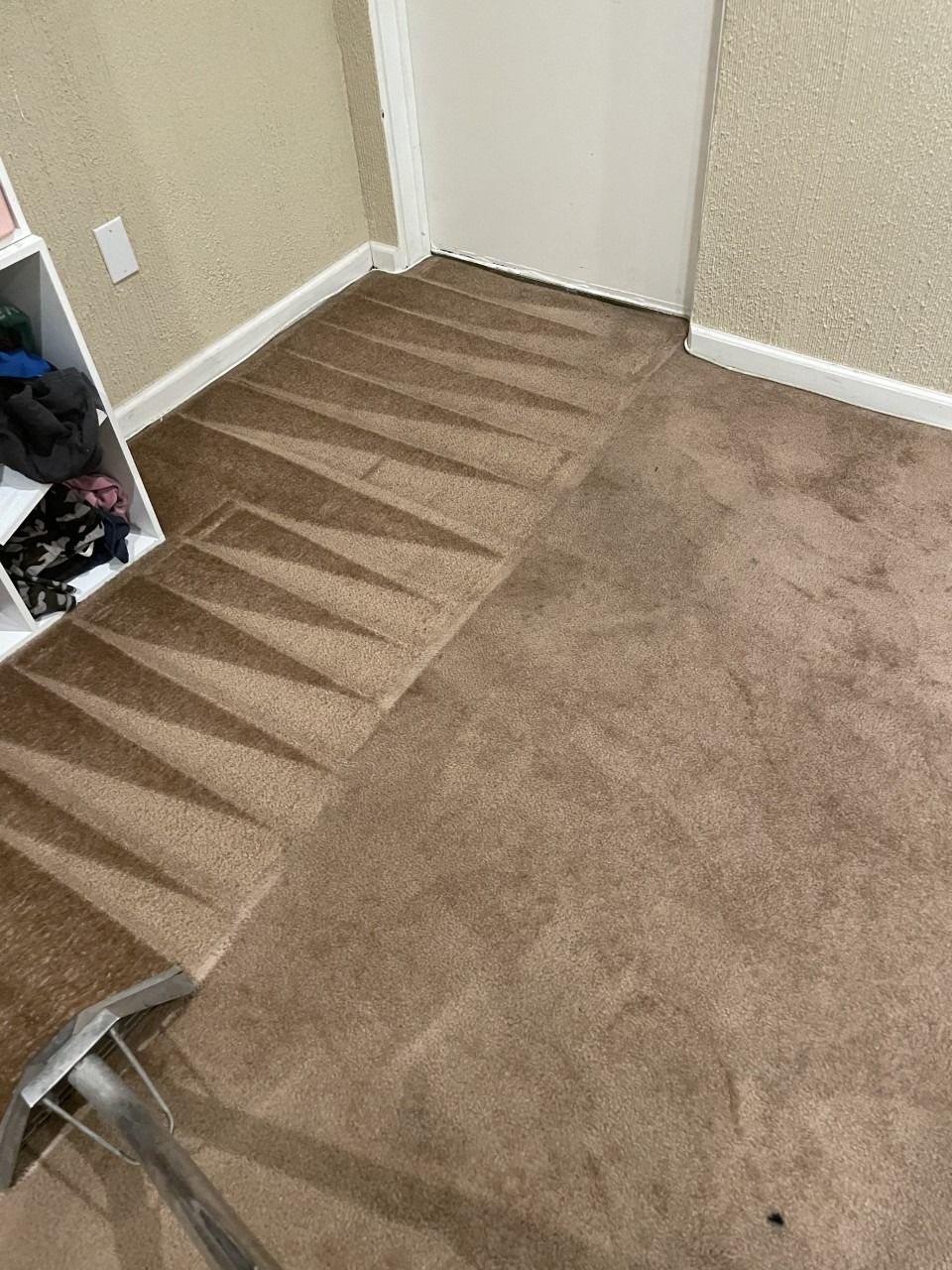 Brown carpeted hallway with stairs leading to a white door and a partial shelf on the left.