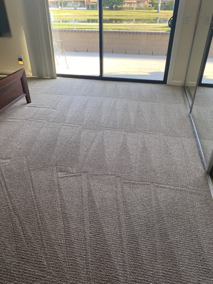 Carpeted living room facing sliding glass doors to a bright patio and outdoor lawn.