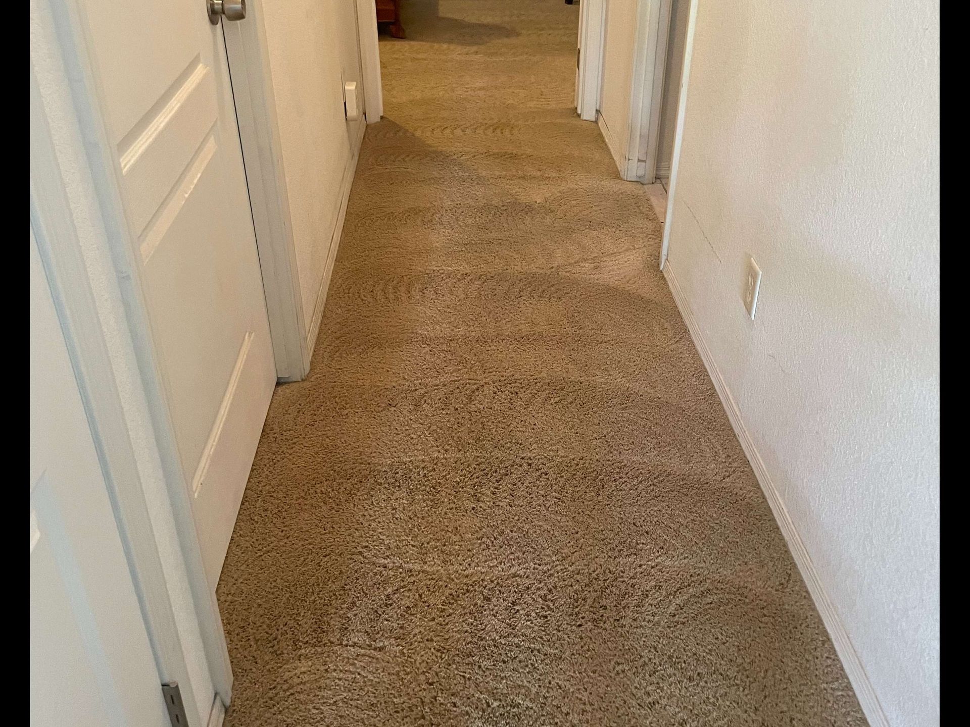 Narrow carpeted hallway with white walls and doors on both sides.