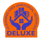 Logo for Deluxe Cleaning and Janitorial Services, orange and blue house held by hands.