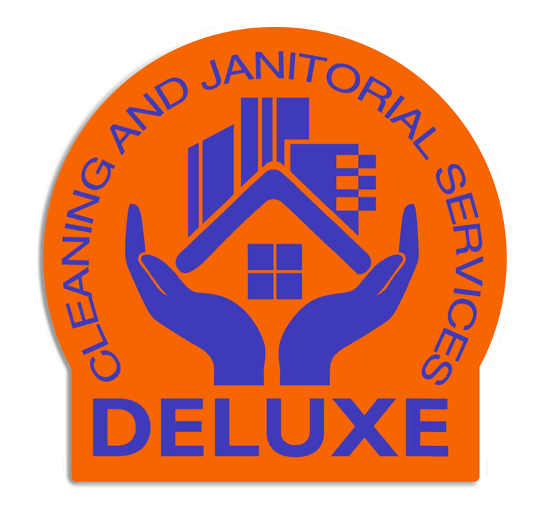 Logo for Deluxe Cleaning and Janitorial Services, orange and blue house held by hands.