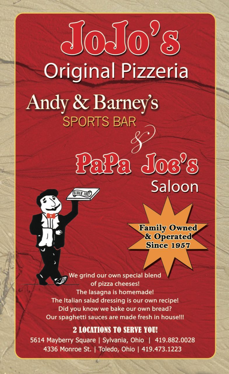 Jo-Jo's Original Pizzeria, Andy & Barney's Sports Bar, and Pap Joe's Saloon Menu in Toledo and Sylvania, Ohio - page 1