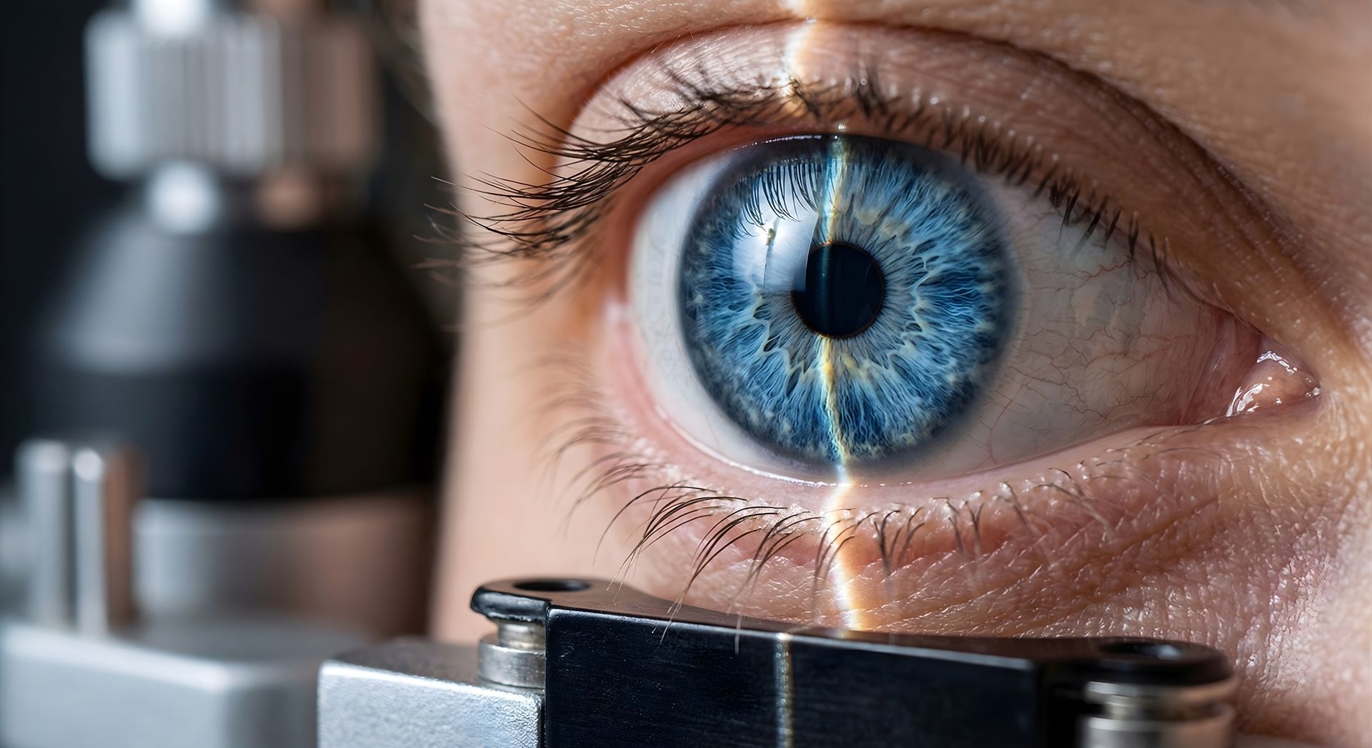 Close-up of a blue eye aligned with an ophthalmic laser exam device.