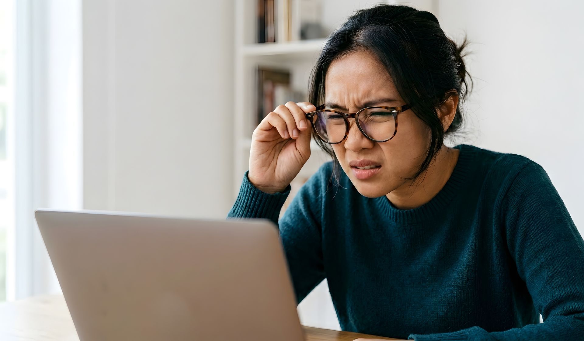 Person squinting at a laptop screen and adjusting glasses while working indoors Person squinting at a laptop screen and adjusting glasses while working indoors