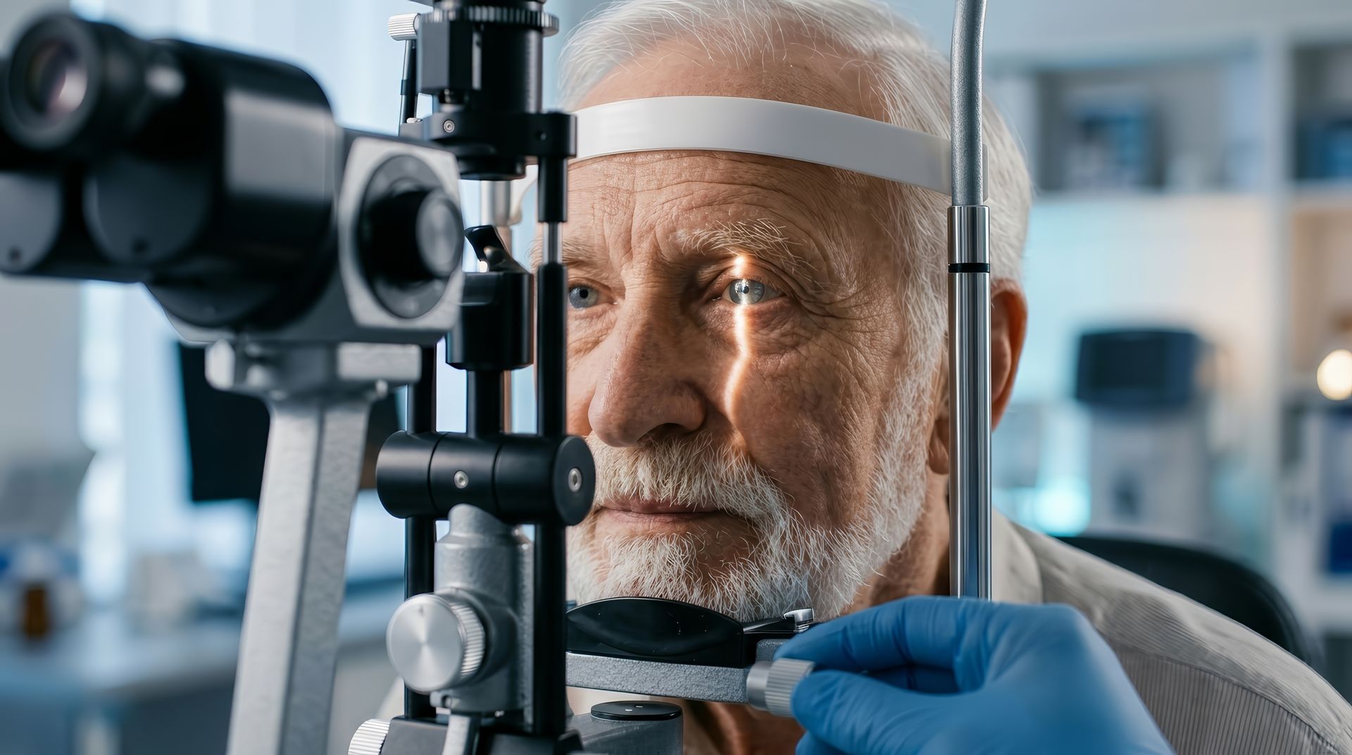 An eye doctor wearing blue gloves examines an older man's eyes with a slit lamp in a bright clinic.