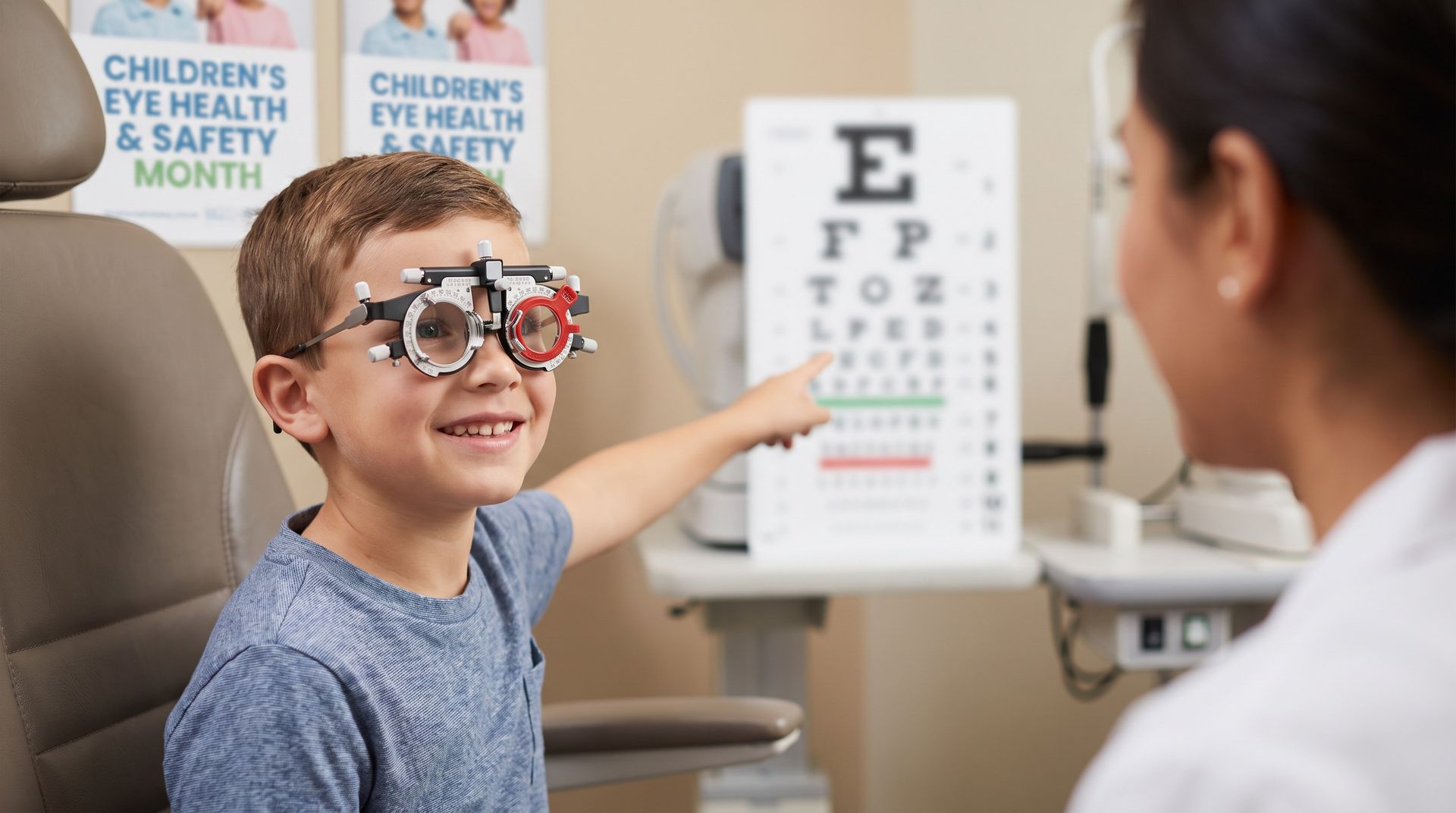 Smiling boy wearing trial frames points at an eye chart during an exam with a pediatric eye doctor.