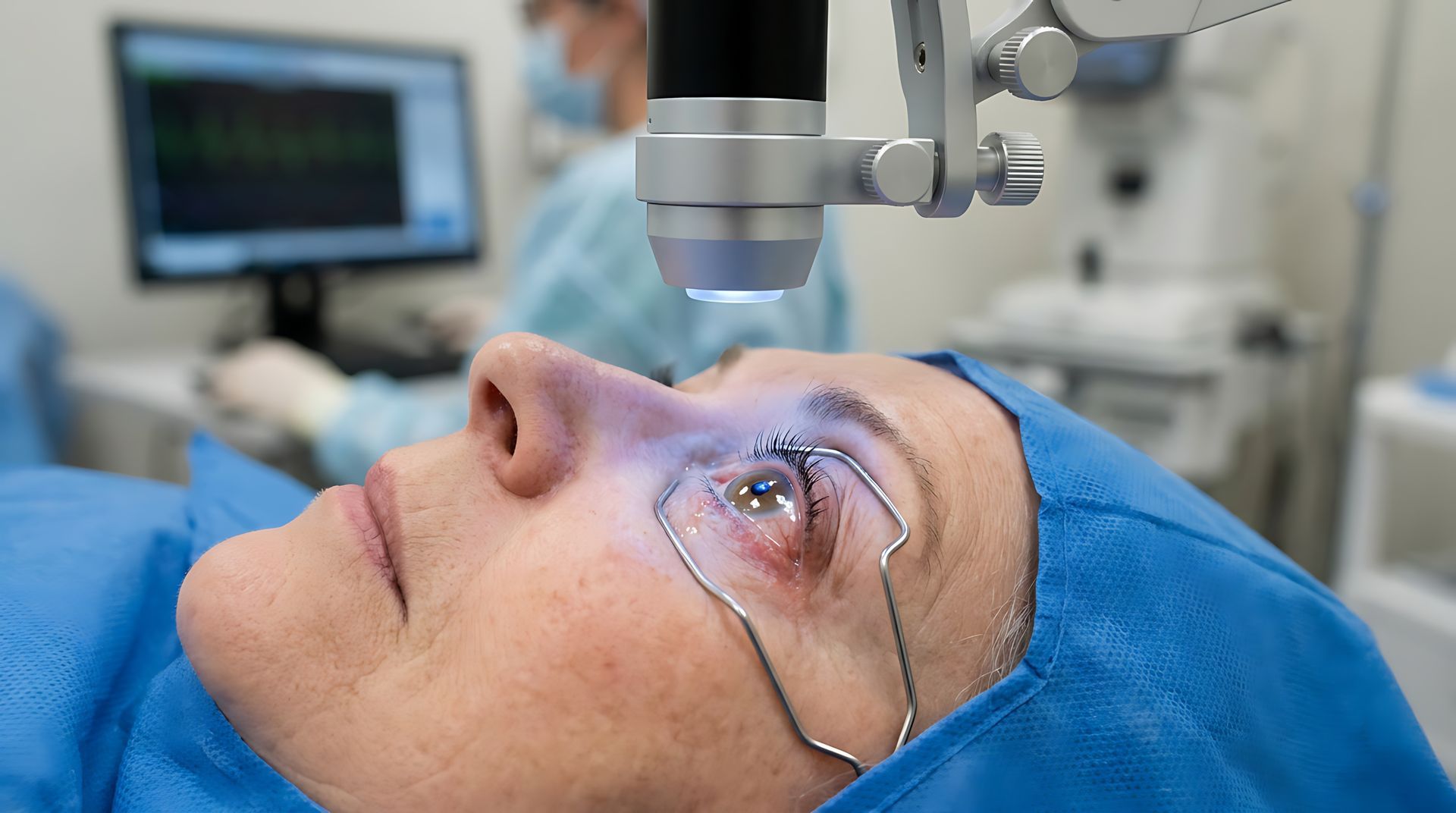 A patient's eye held open beneath a surgical microscope while a surgeon begins lasik eye treatment. A patient's eye held open beneath a surgical microscope while a surgeon begins lasik eye treatment.