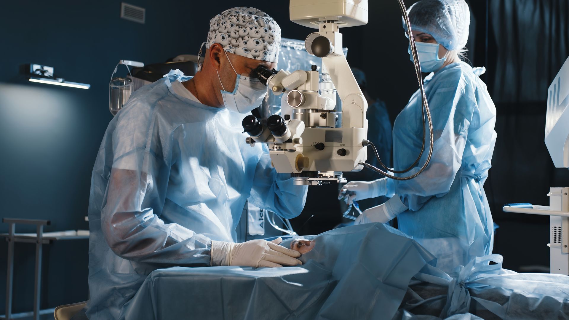 A doctor is doing an eye surgery. A doctor is doing an eye surgery.