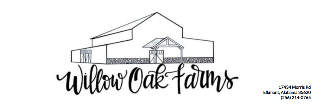 Logo for Willow Oak Farms with a farm barn sketch and script text on a white background