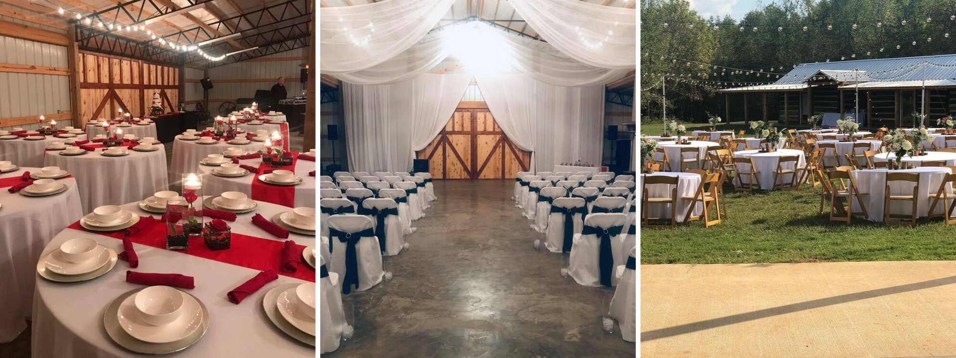 Decorated event spaces with white and red table settings, ceremony seating, and an outdoor banquet setup