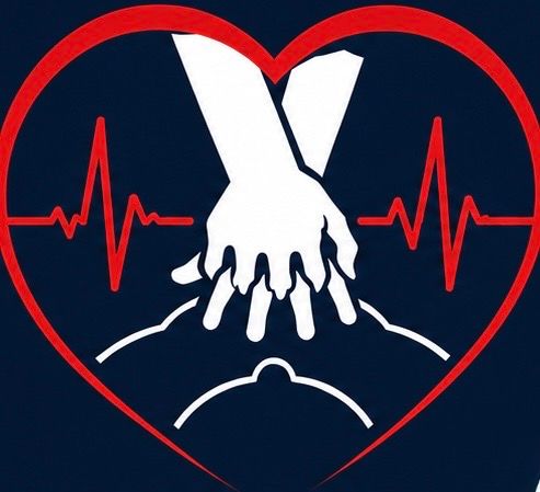 Red heart outline with white hands helping a person, and red ECG lines on a dark blue background