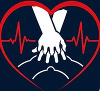 Red heart outline with white hands helping a person, and red ECG lines on a dark blue background