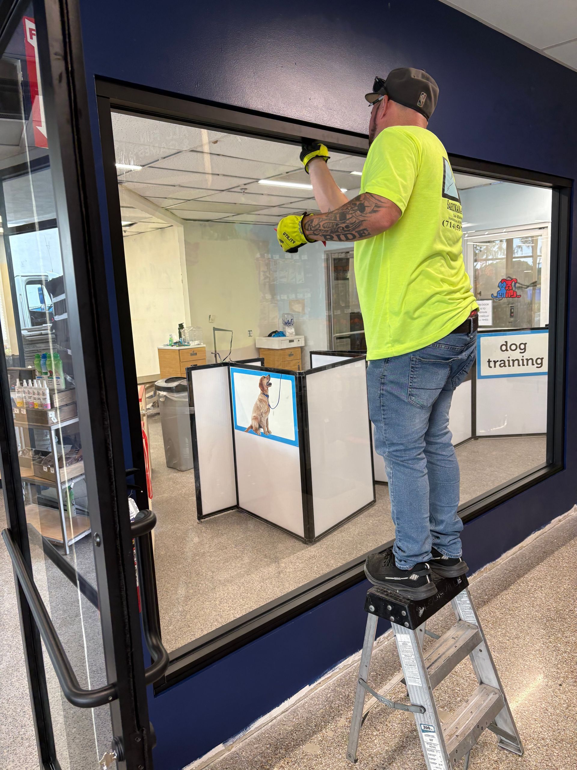 Worker on a ladder installing a window decal inside an office, wearing a neon shirt and cap.