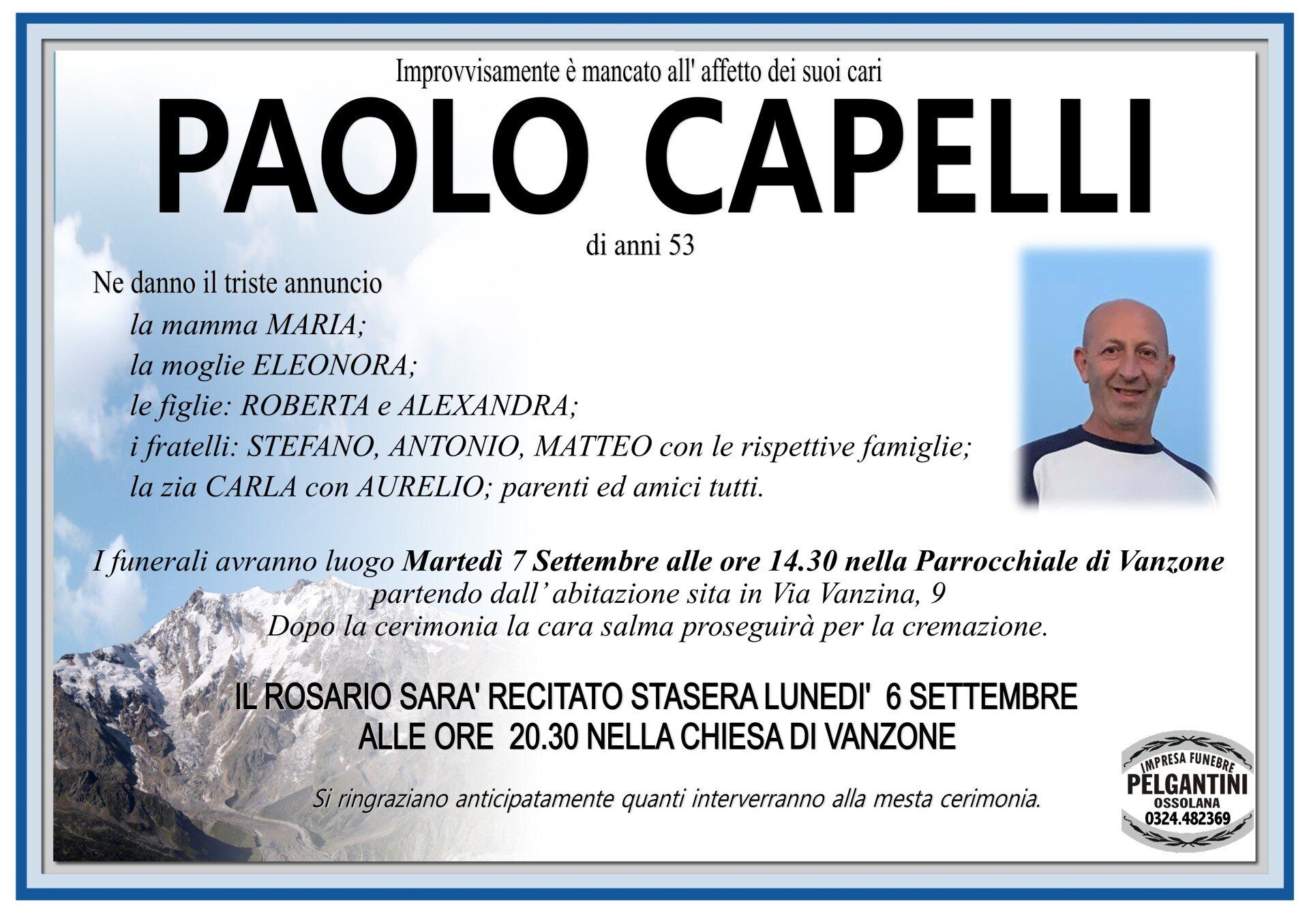Necrologio di Paolo Capelli. Include foto, dettagli del funerale e una preghiera.