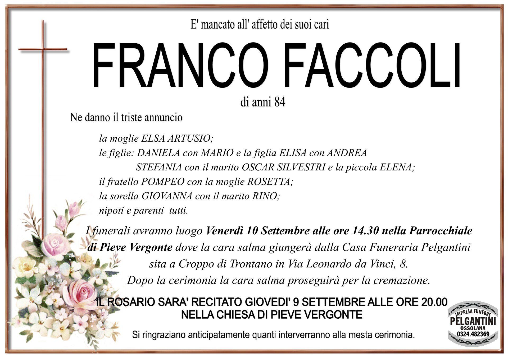 Necrologio di Franco Faccoli (94), con testo in italiano.