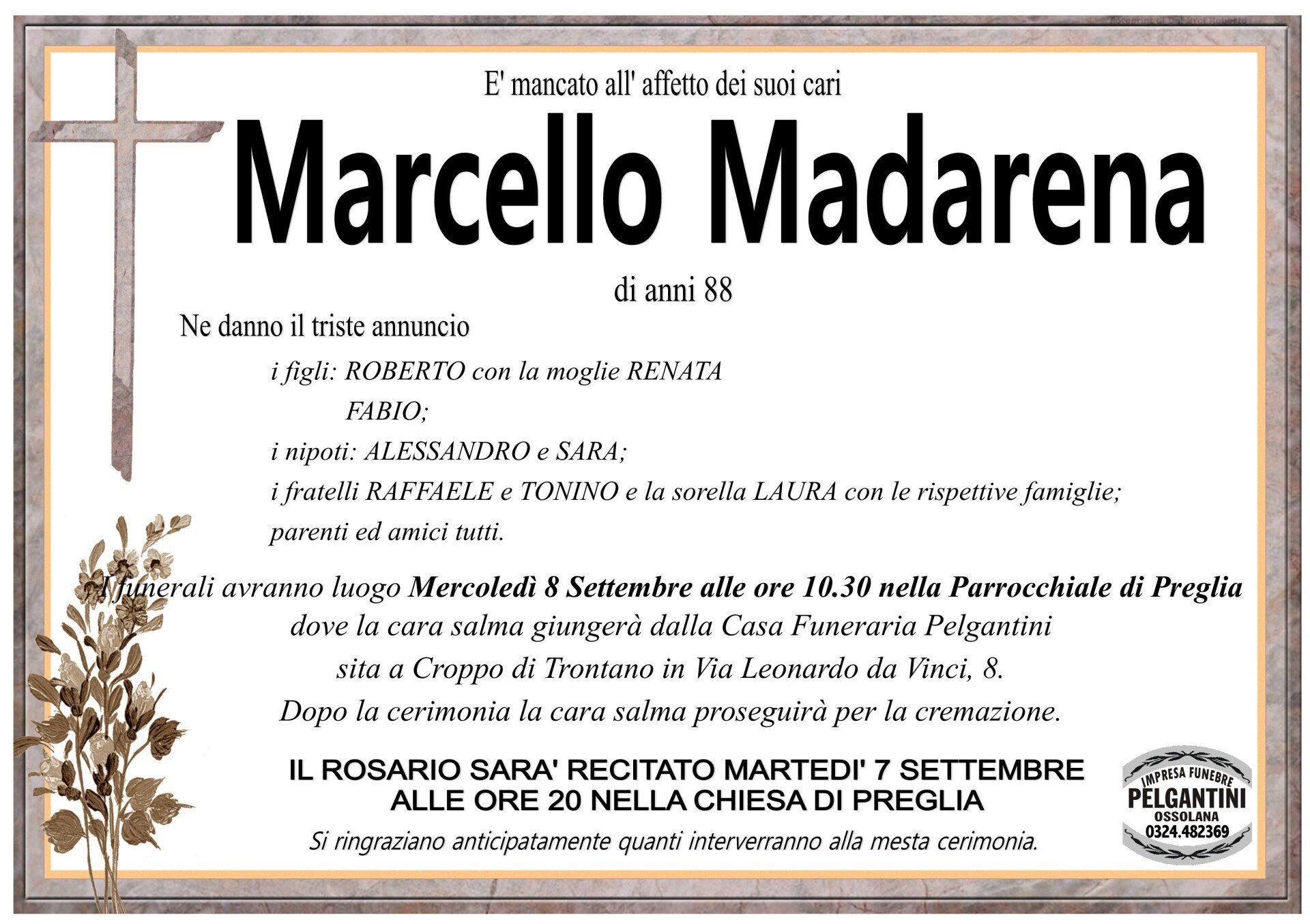Necrologio di Marcello Madarena, con testo in italiano.