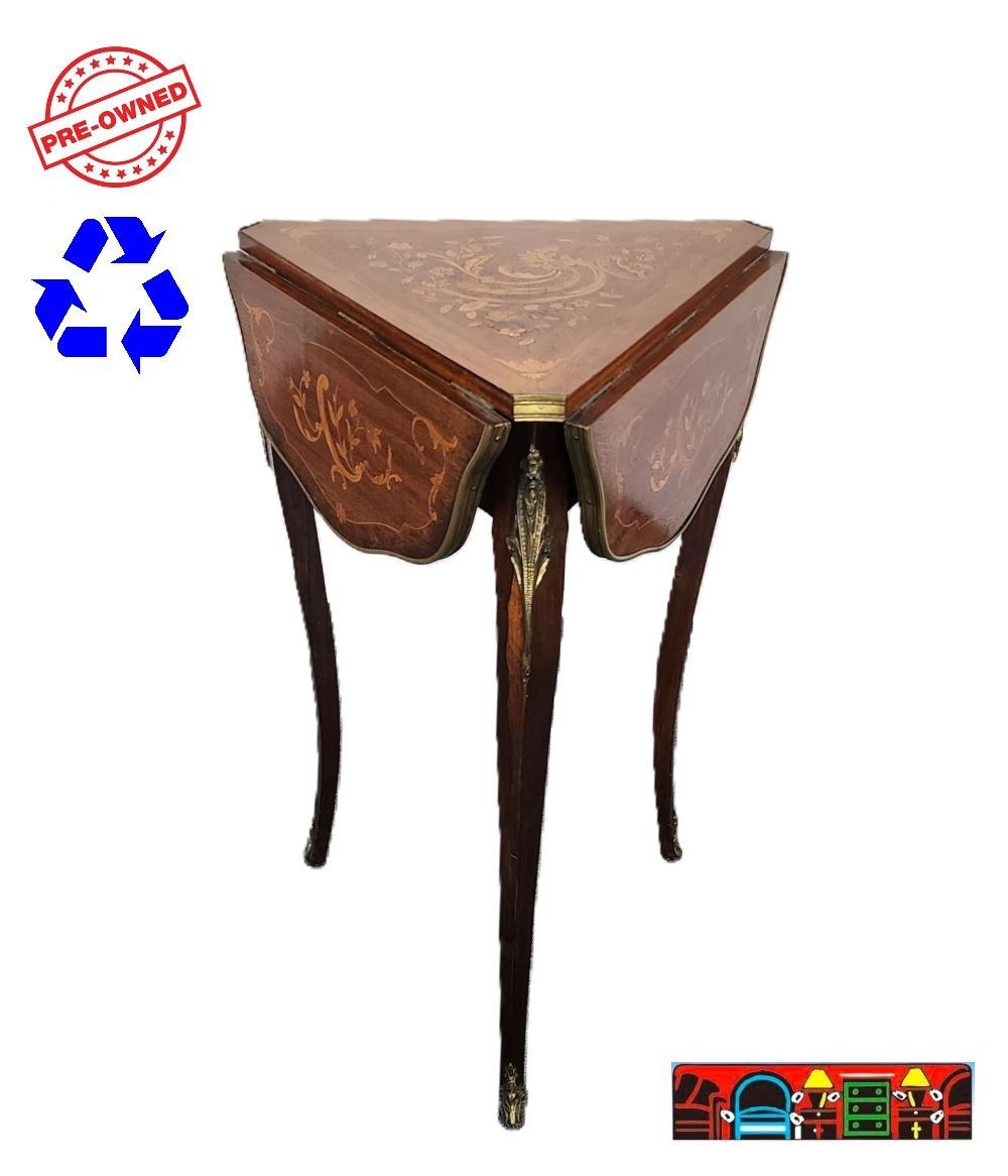 Antiques French Tri-Folding 3 leg table with guild accents.