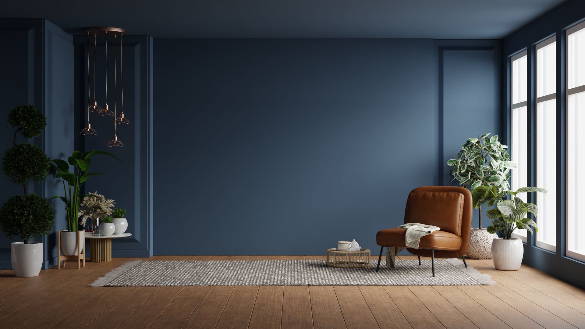 Modern interior of living room with leather armchair.