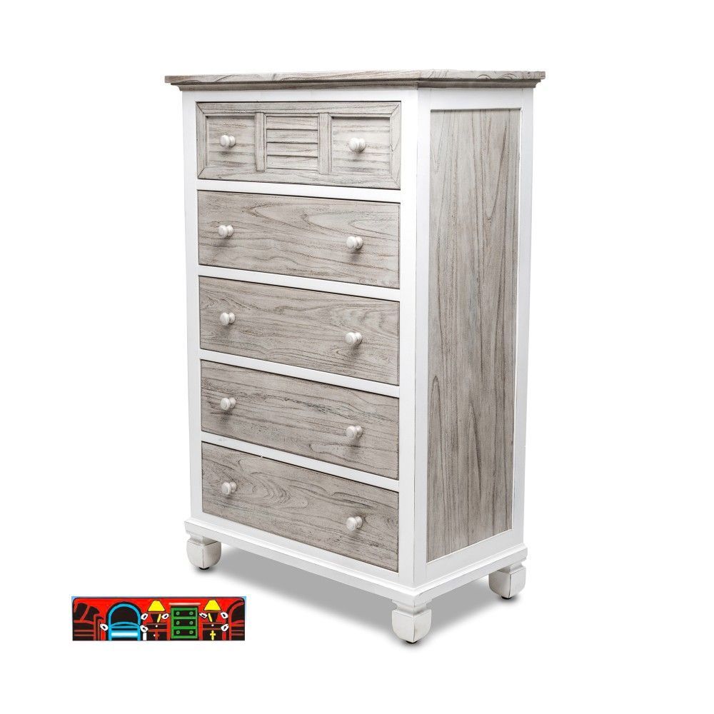 Islamorada Chest, Coastal, Wood, 5 Drawers, White & Distressed Grey, Shutter Accents