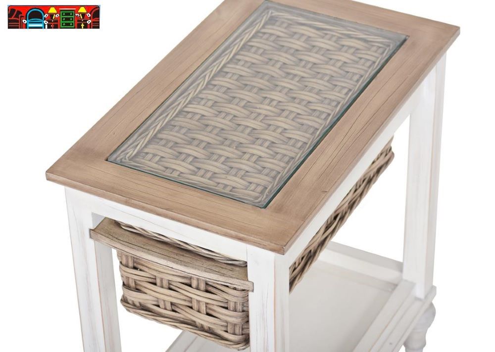 Island Breeze collection close-up, featuring wood and wicker with a glass top, in distressed white and light brown, are available at Bratz-CFW in Fort Myers, FL.