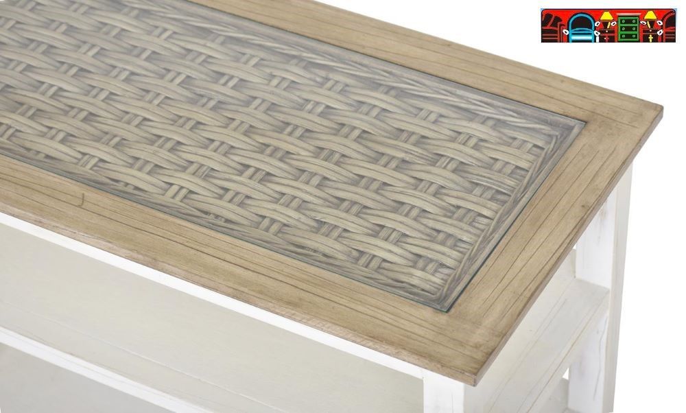 Island Breeze Occasional Tables, featuring wood and wicker with a glass top, in distressed white and light brown, are available at Bratz-CFW in Fort Myers, FL. Close-up.