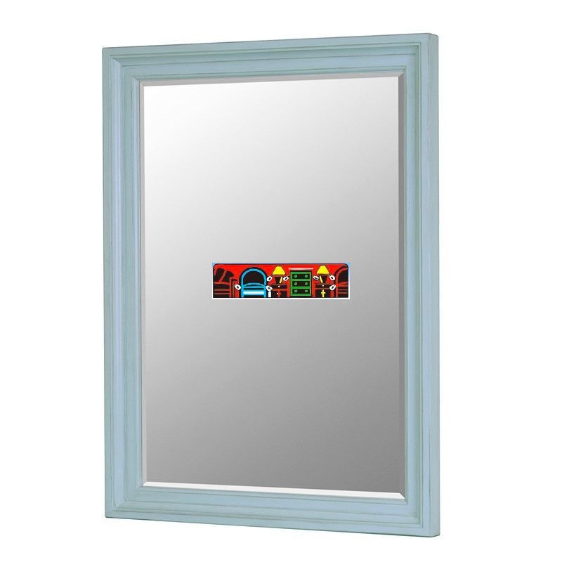 Bedroom mirror in solid wood with a light blue distressed finish.