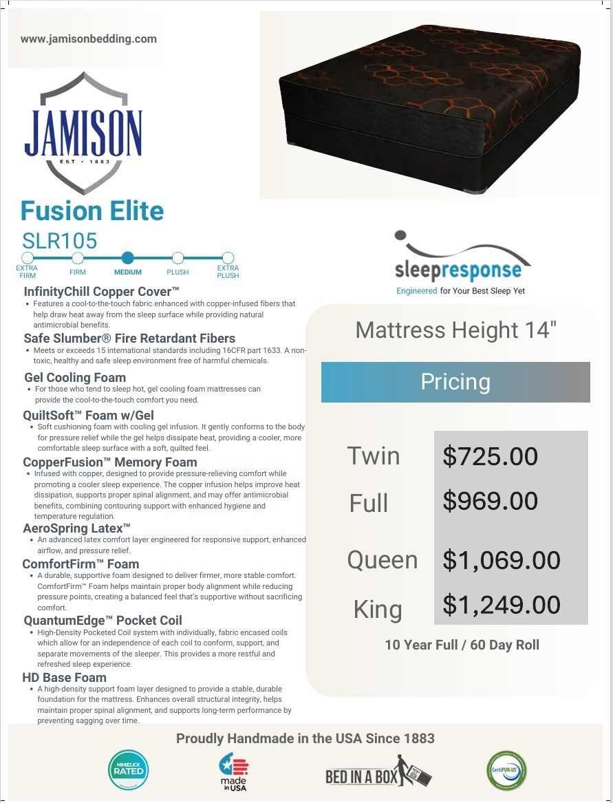 New Jamison Fusion Elite Medium Firm Hybrid Mattress with Chill Copper cover. Available in twin, full, queen and king sizes.