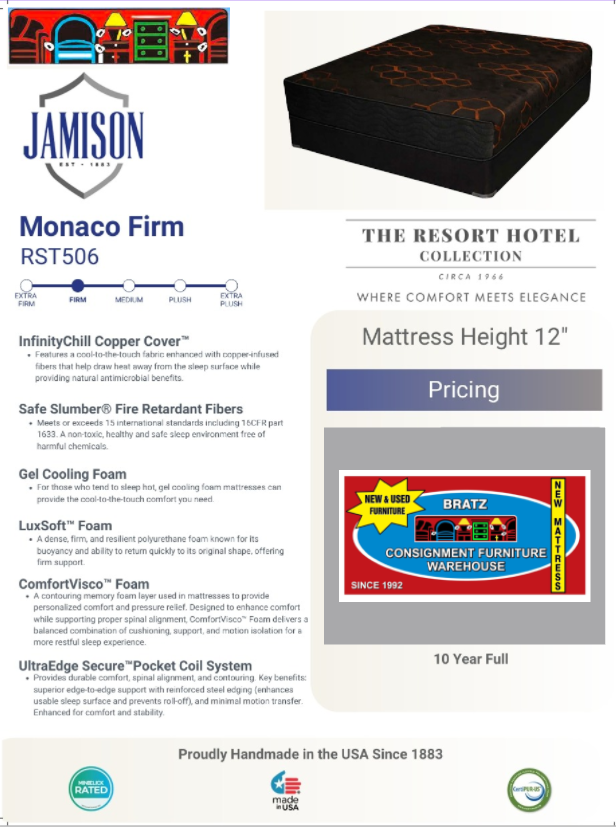 new Jamison Monaco firm mattress with chill copper cover available in twin, full, queen and king sizes.