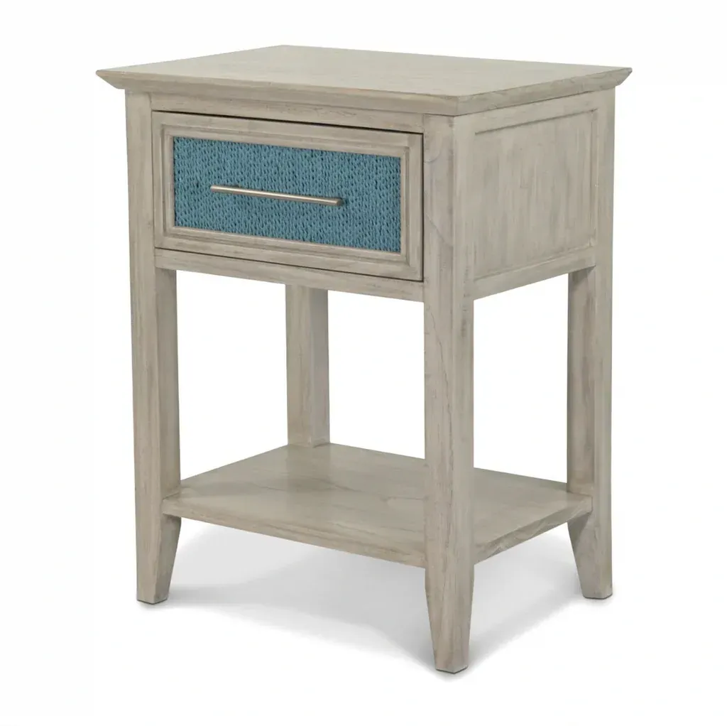 1 drawer nightstand with lower shelf, aged ivory color with ocean blue woven front panel and metal drawer pull