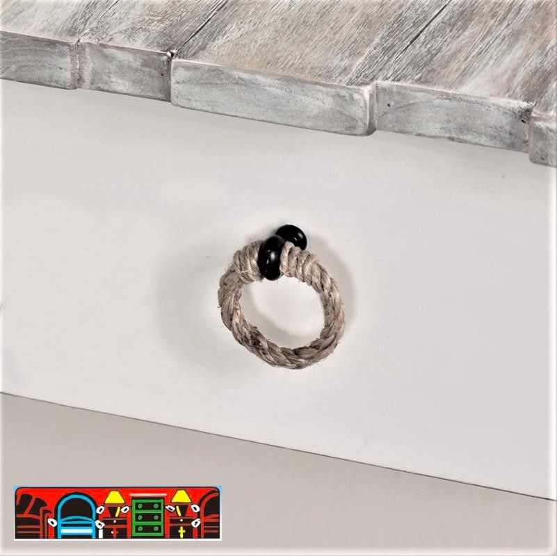 The Picket Fence Occasional Tables offers a coastal charm with its solid wood construction, distressed white finish, weathered grey tops, and rope pulls. Available at Bratz-CFW. Drawer Close-up.