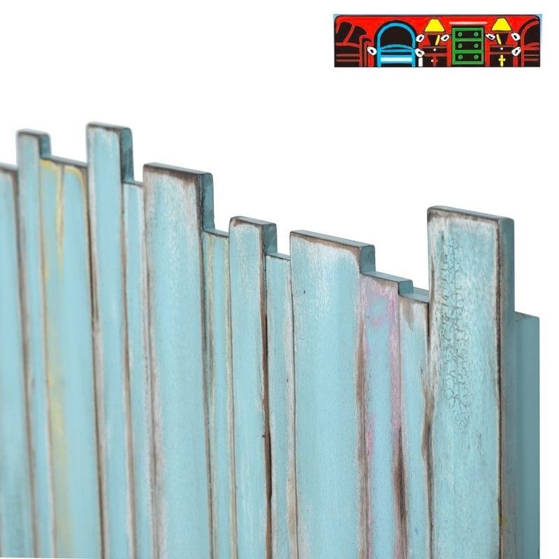 The Picket Fence Bedroom Headboard offers a coastal charm with its solid wood construction, weathered blue look. Close up.
