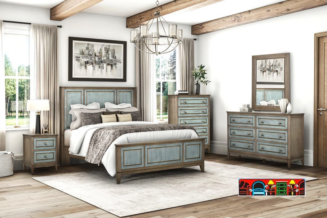 The Sanibel casual distressed bedroom set, featuring green and gray hues and crafted from solid wood, is available at Bratz-CFW in Fort Myers, FL.