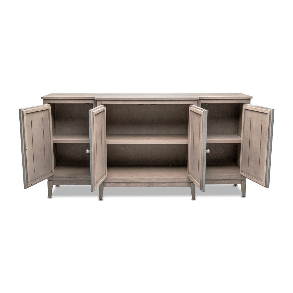 Credenza in distressed green and gray with doors ajar.