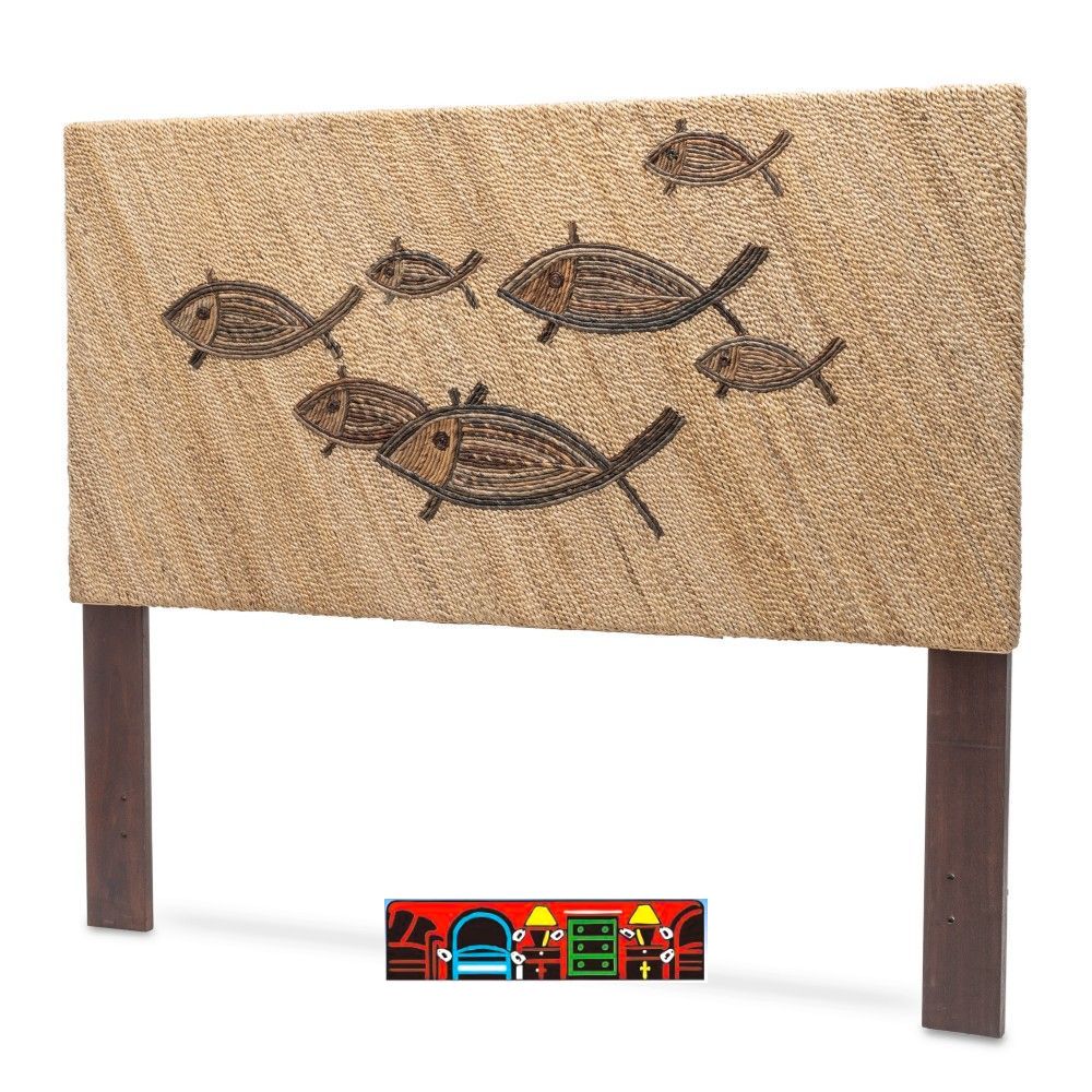 Queen headboard, handcrafted and woven with natural materials, featuring a contrasting school of fish design in natural hues.
