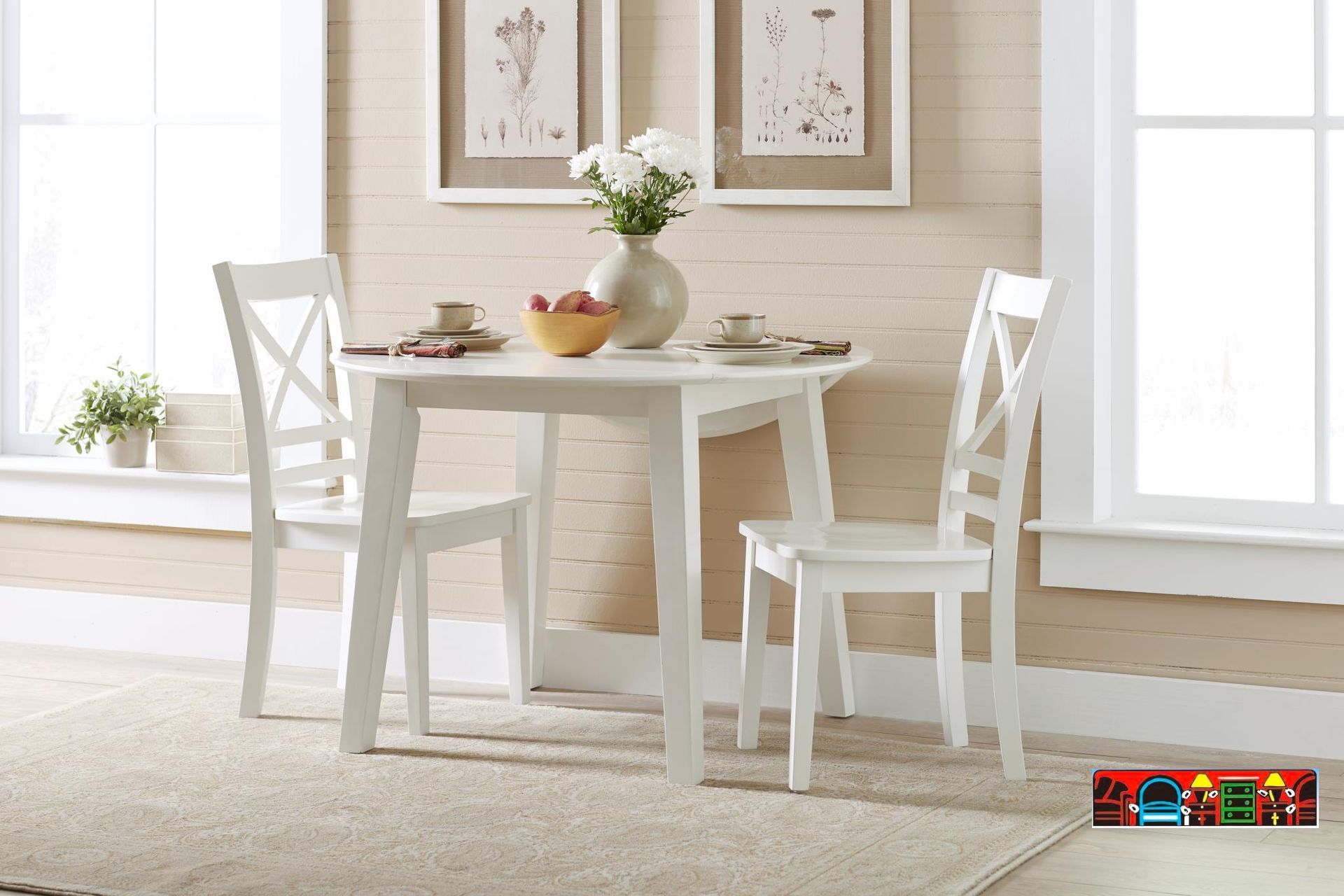 White color small wood drop-leaf table with 2 all wood x-back side chairs