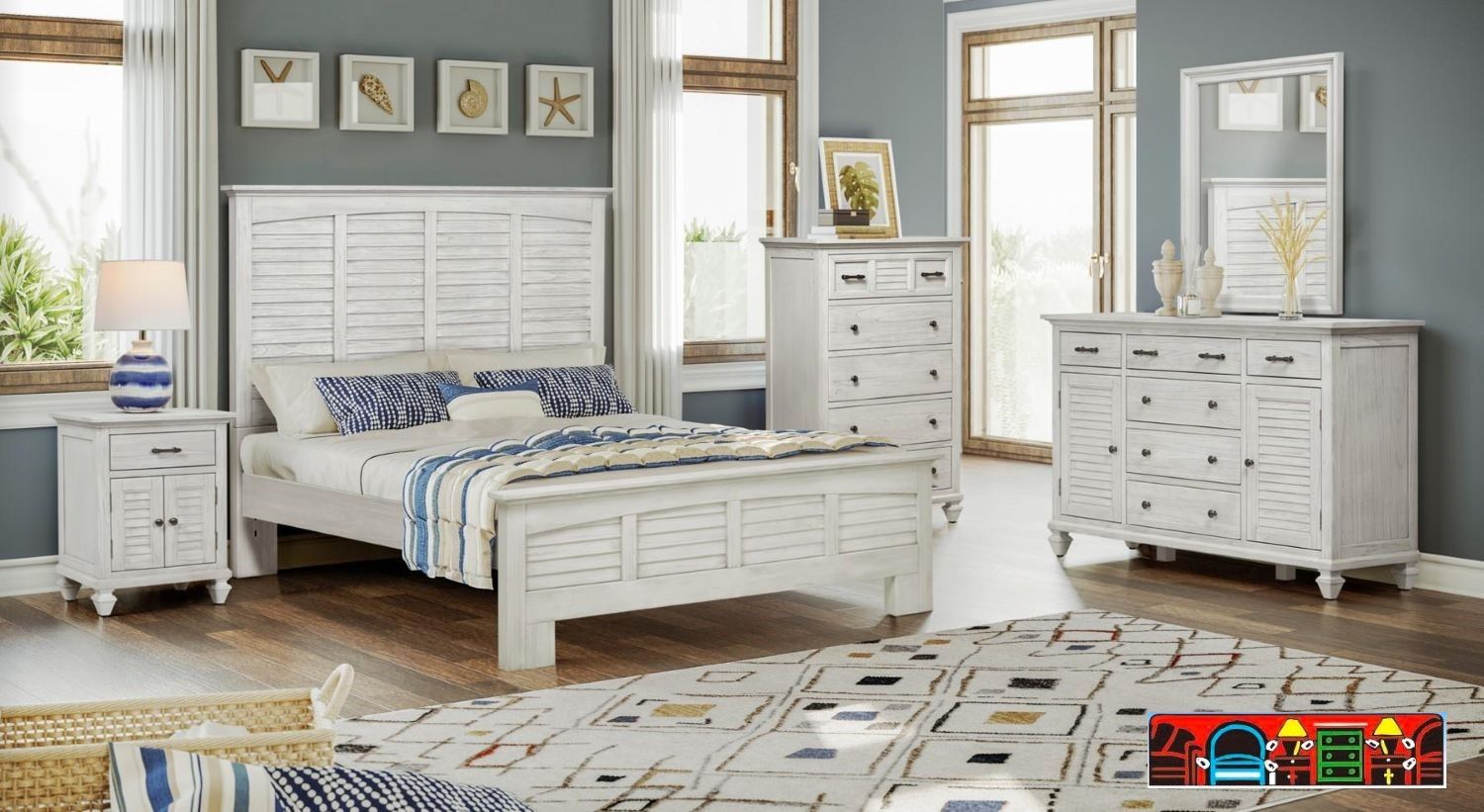 Surfside coastal weathered white bedroom set with louver accents. Available at Bratz-CFW. Fort Myers FL.