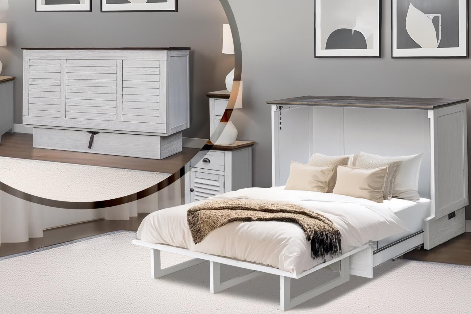 Distressed white cabinet bed with dark brown top and louver front panel, large drawer at the bottom.