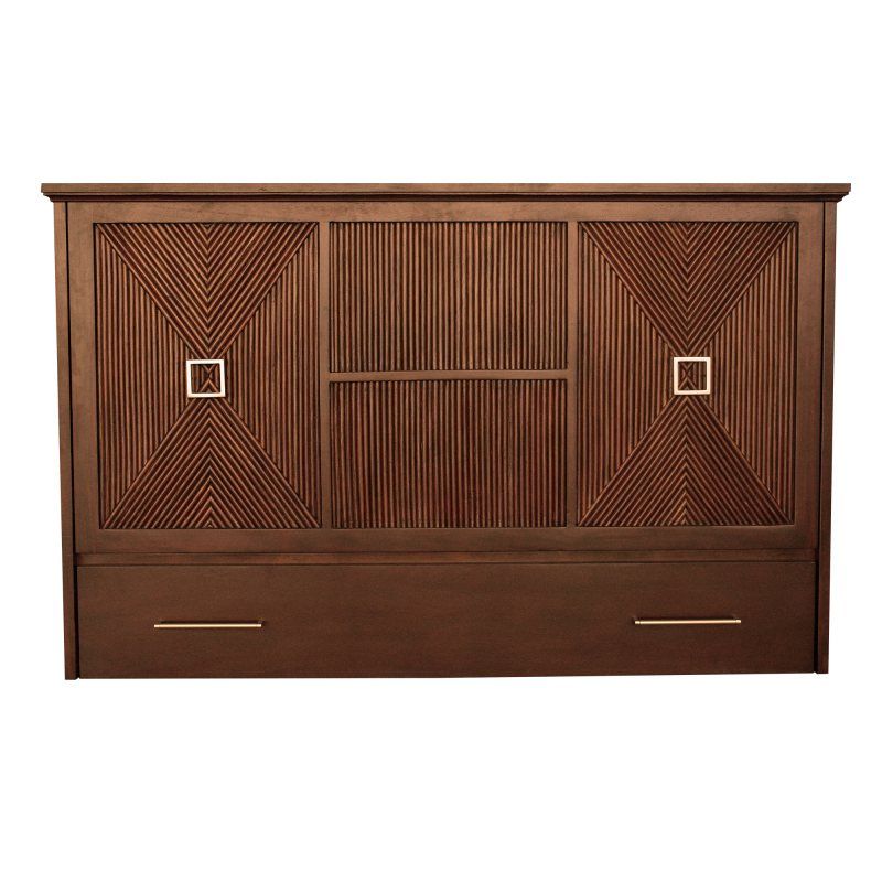 Dark brown, sienna finish wood cabinet bed with pencil rattan front panels, iron hardware and storage drawer on the bottom.