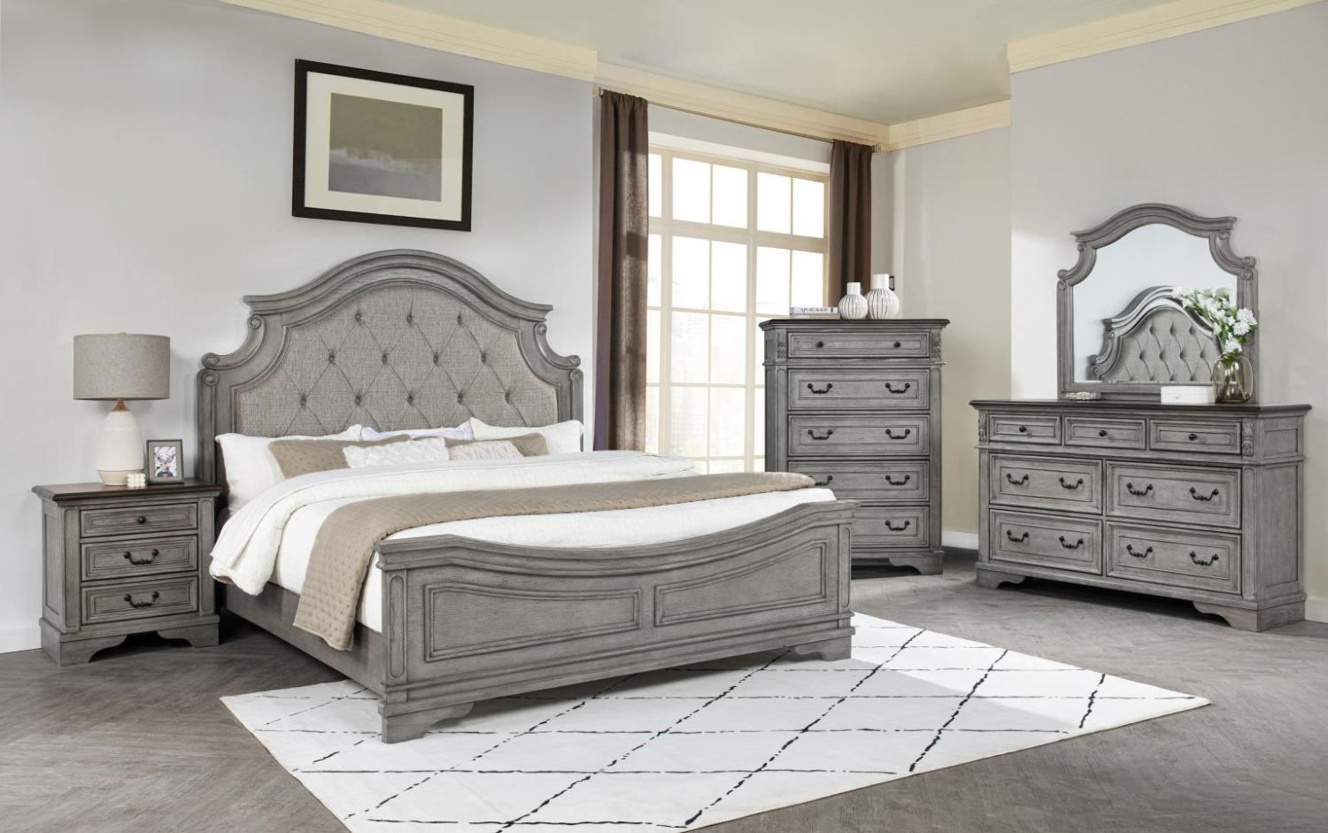 Master bedroom set. Solid wood with tufted upholstered headboard panel. All furniture is a rich grey color with dark brown tops & black iron handles.
