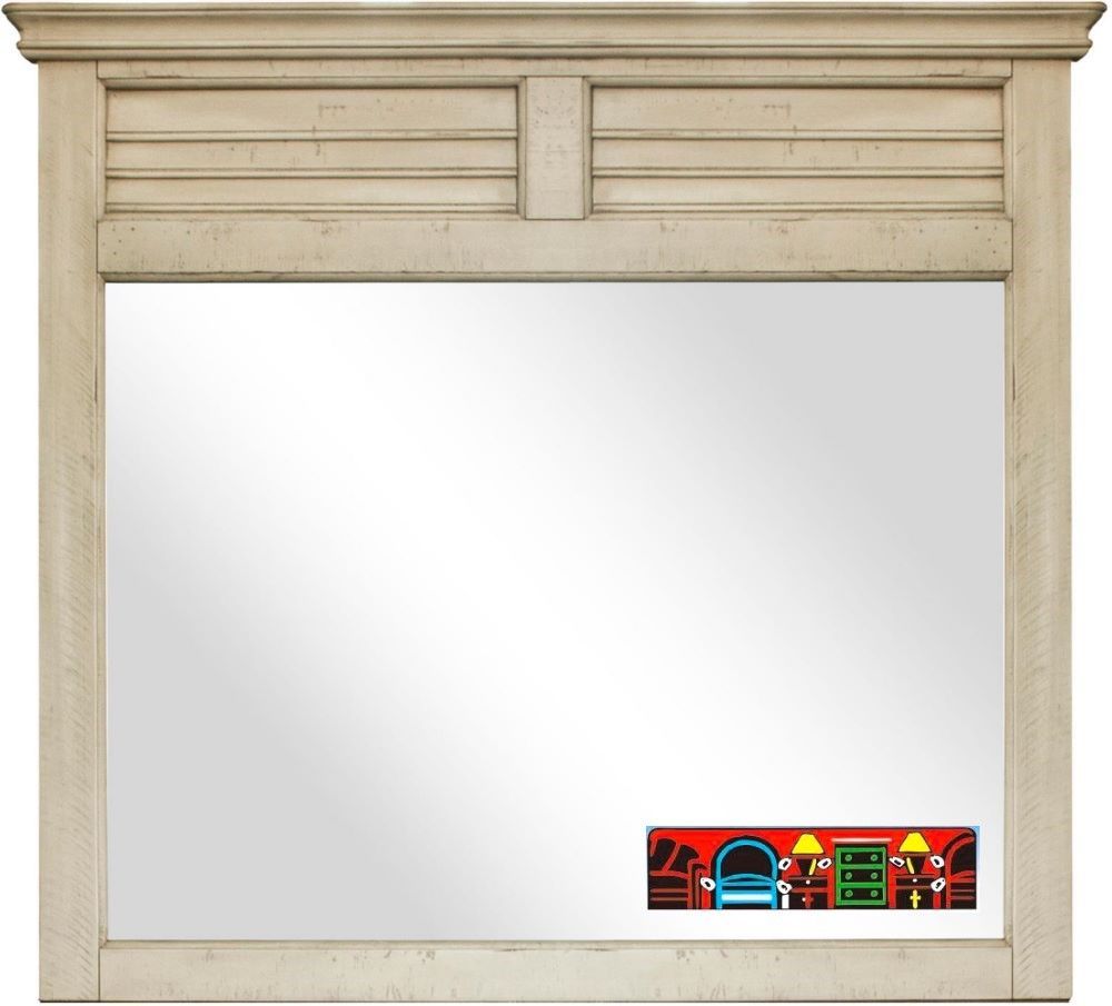 Brockton mirror, crafted from solid wood, featuring a wheat hue with a distressed finish and louver accents.