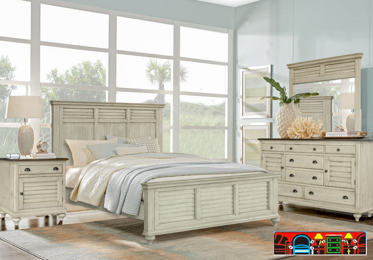 Brockton Bedroom Set, crafted from solid wood in a two-tone wheat and dark brown finish, featuring louver accents. Available at Bratz-CFW. Fort Myers FL.