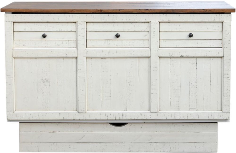 Brockton Sleep Cabinet, crafted from solid wood, features a wheat color with a dark brown top, both exhibiting a distressed finish. It includes louver accents and contrasting metal handles. 