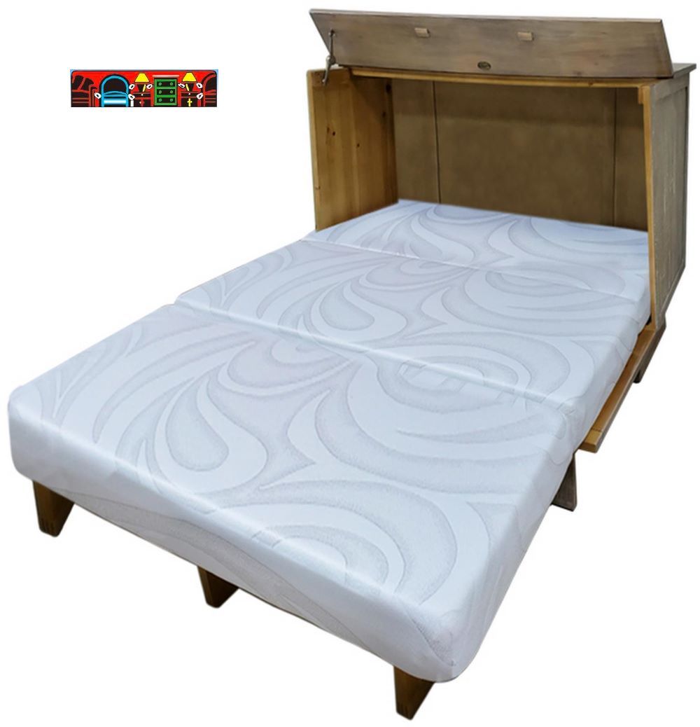 Brockton Sleep Cabinet, crafted from solid wood, features a wheat color with a dark brown top, both exhibiting a distressed finish. It includes louver accents and contrasting metal handles. Queen Mattress Included. Opened.
