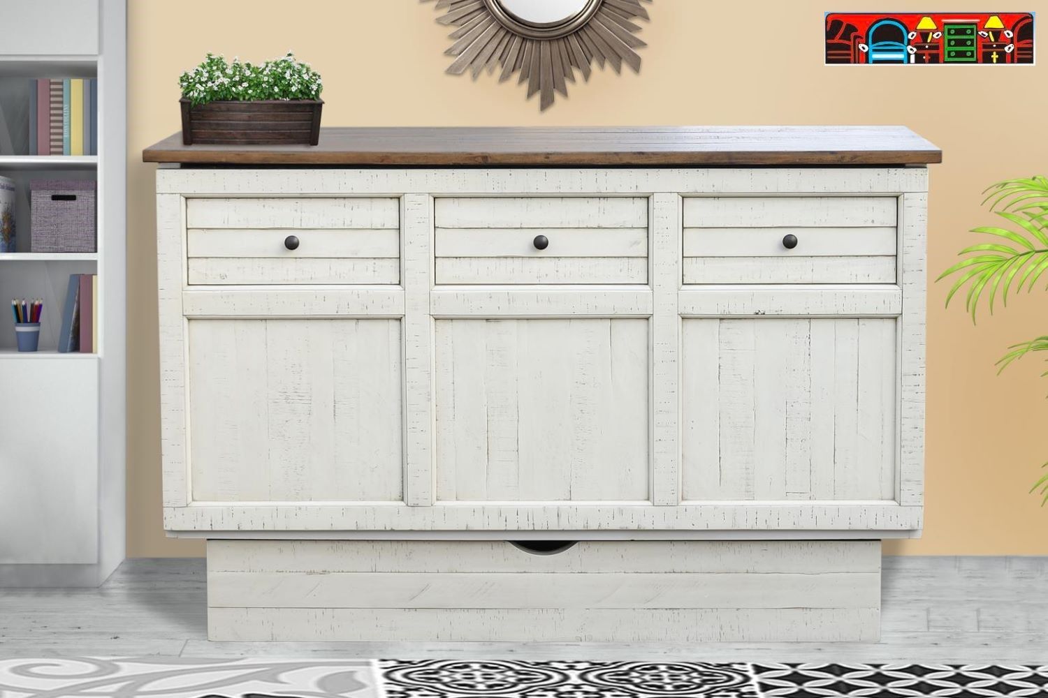 Brockton Sleep Cabinet, crafted from solid wood, features a wheat color with a dark brown top, both exhibiting a distressed finish. It includes louver accents and contrasting metal handles. Queen Mattress Included.