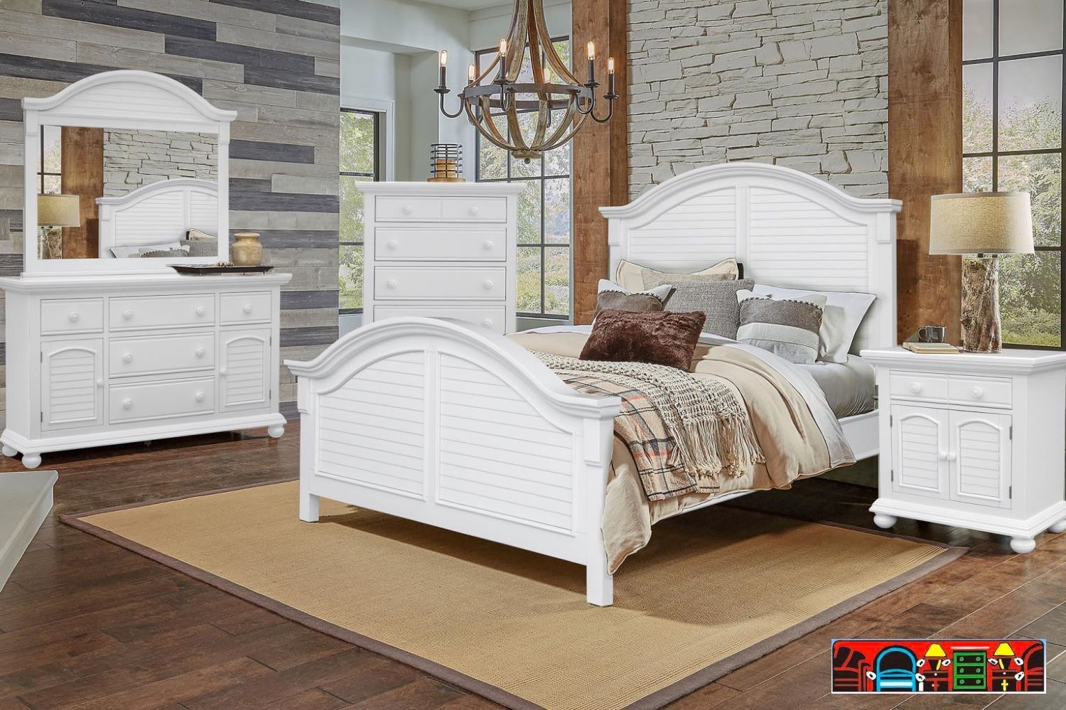 The Cape Cod white wood bedroom set featuring louver accents and an arched bed, available at Bratz-CFW in Fort Myers, FL.