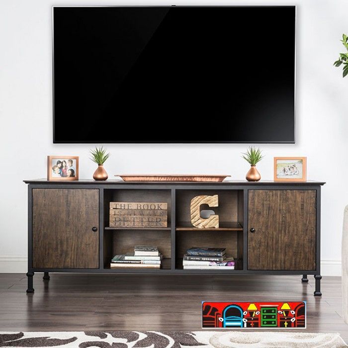 Add a bit of retro flair to your living room with this sturdy industrial style TV stand! Built for maximum storage capabilities, this TV stand's various shelves and cabinets provide just enough space for all of your entertainment needs. Display your media devices and other items on the open shelves or inside the cabinets to keep your home organized in a chic and refined way!
